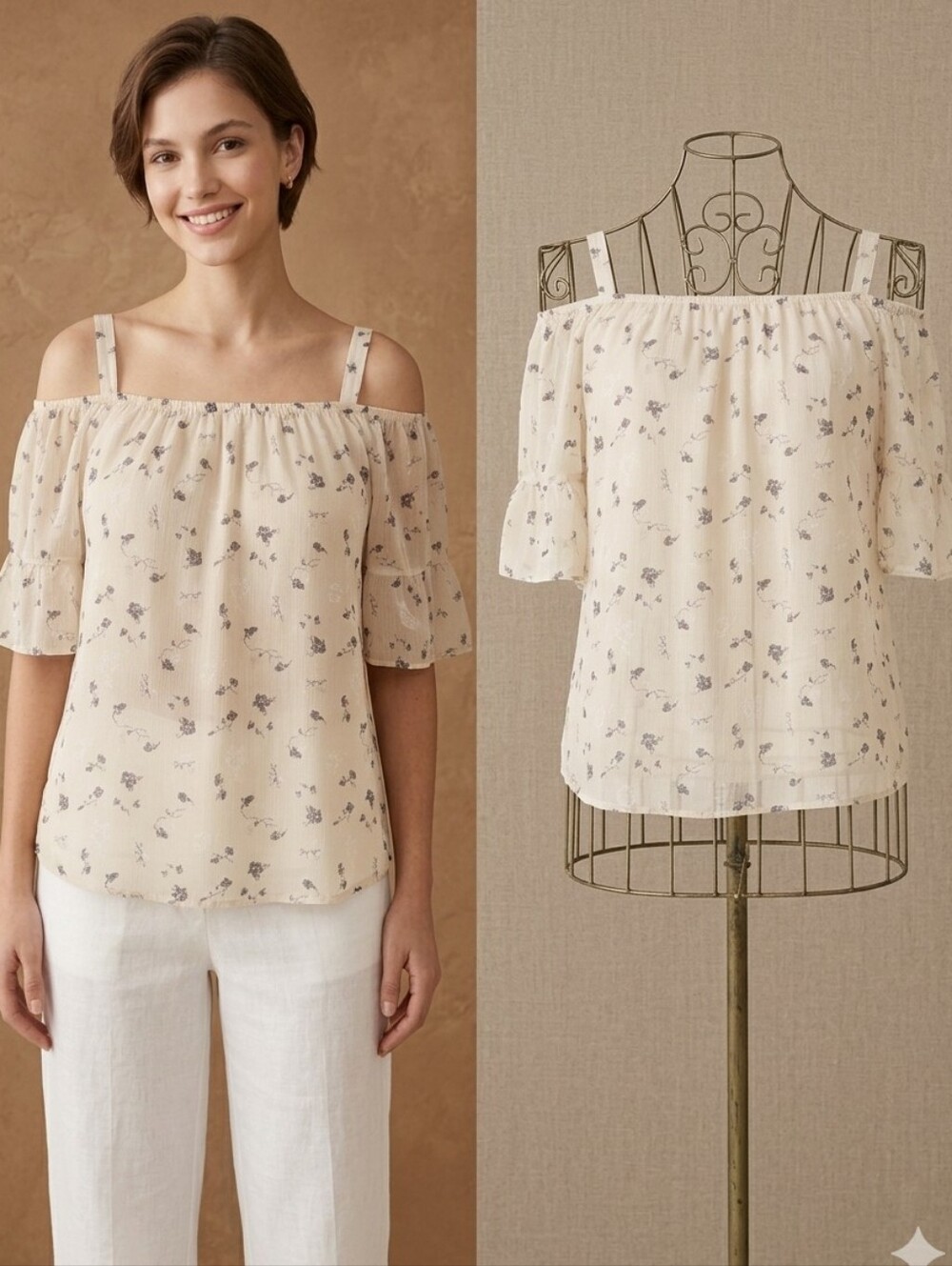 VINTAGE COTTAGECORE | Delicate Off-Shoulder Silk Blend Floral Blouse | S-M